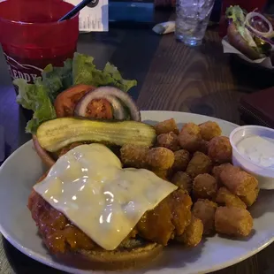 Buffalo Chicken Sandwich with Tater Tots