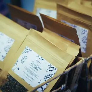 a basket full of tea bags