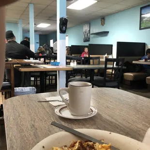 a plate of food and a cup of coffee