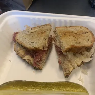 Half Reuben cut in half.