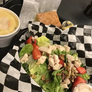 Pam 's Strawberry Chicken Salad with chicken dumpling soup and corn bread