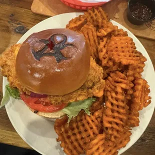 Buffalo Chicken Sandwich with sweet potato waffle fries
