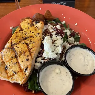 Curly Spinach Salad with salmon