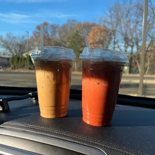 White and raspberry iced mochas! With almond milk and whipped cream.