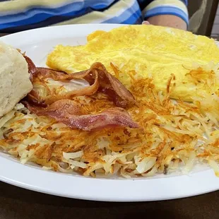 Three Egg Omelette (cheese and bacon), hash browns &amp; biscuit