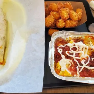 Breakfast Burrito, Egg Scrambler, Tots