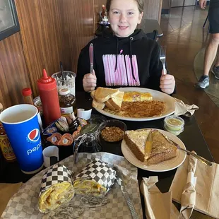 Breakfast burrito, French Toast, Ham and Cheese Omlett