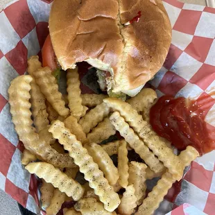 Spice Island Chicken sandwich with crinkle fries.