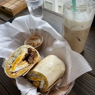 Sausage Breakfast Burrito (spicy salsa) &amp; Cold Brew