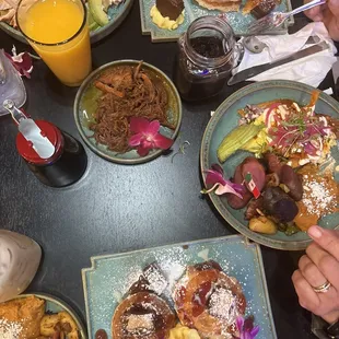 gansito waffles, gansito pancakes, chilaquiles, chilaquiles omlette, side of birria