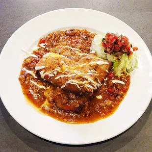 Surf N&apos; Turf Chili Rellenos - Gold Canyon beef tenderloin, shrimp, jack/cheddar cheese, hatch chilis, brutal green chili