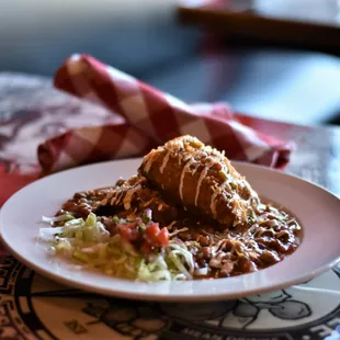 Surf and Turf Rellenos - Gold Canyon Beef tenderloin, Tiger Prawns, jack and Cheddar, Roasted Hatch Chilis.