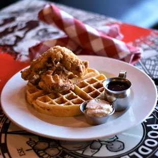 2 Step Chicken and Waffles - Hand Battered Chicken Breast, Jalapeno Cheddar Cornbread Waffle, Sriracha Maple Syrup, Candied Butter