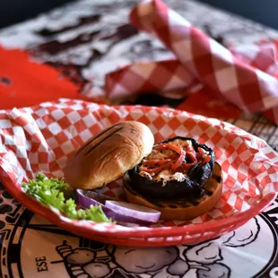 Shroom Burger - Balsamic Roasted Portabello Cap, Haystack Farms Goat Cheese, Roasted Red Pepper, Brioche Bun. (Vegetarian)