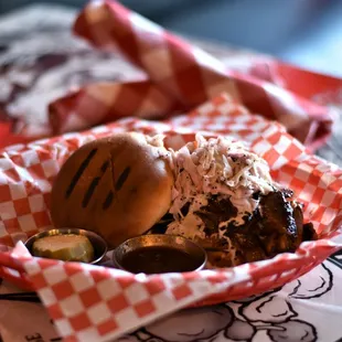 Brisket Sammy - House Braised and Smoked Brisket, House BBQ sauce, Cole Slaw, Pickles, Brioche Bun