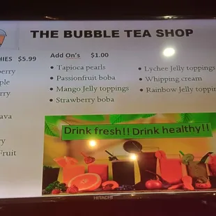 Bubble tea menu