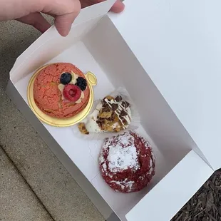 Lemon Raspberry Choux, Cookie Dough Pop, Cheesecake Stuffed Cookie