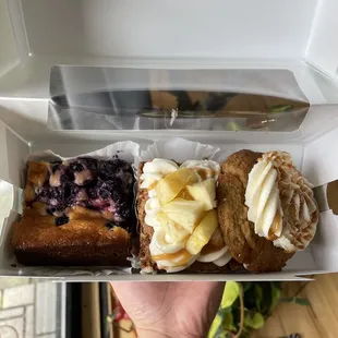 Blueberry gooey bar, pineapple carrot cake bar, banana crème pie cookie