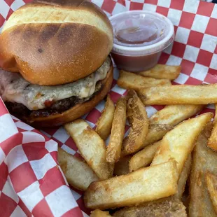 Hawaiian burger with fries