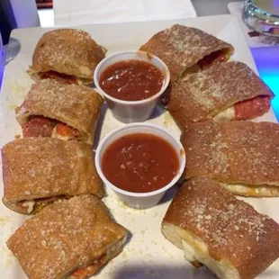 Pepperoni rolls (full order) Added jalapeños to half.