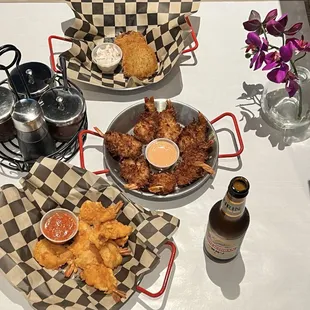 Crab cakes, coconut shrimp, fried shrimp