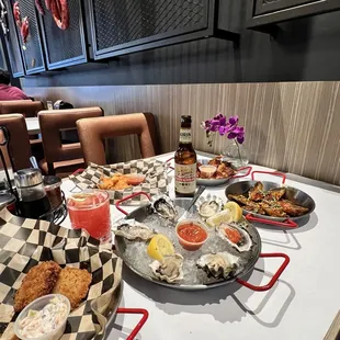 Crab cakes, oysters, mussels, fried shrimp