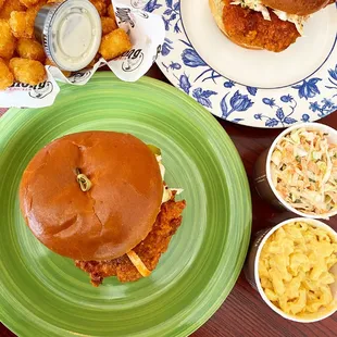 Tater Tots, Mac N Cheese, Hot Chicken Sandwich