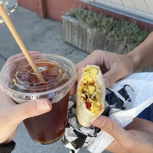 Bacon breakfast burrito ($7) and iced tea ($2)