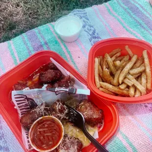 Boneless wings - Mango Habanero + Garlic Parmesan. Small side of fries w/lemon pepper seasoning and a side of cajun sauce.