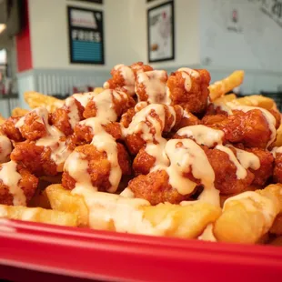 a plate of buffalo fries with gravy sauce