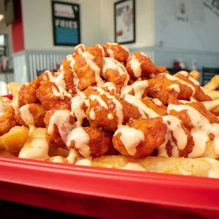a plate of buffalo fries with gravy sauce