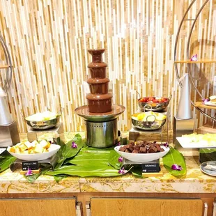 Dessert table with chocolate fountain