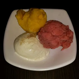Mango sorbet, strawberry sorbet, and coconut sorbet