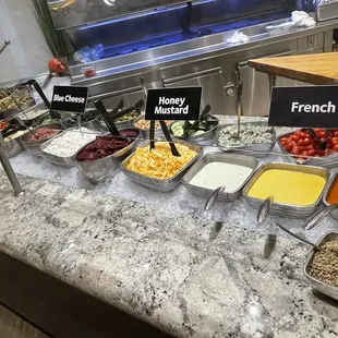 a variety of food items on a counter