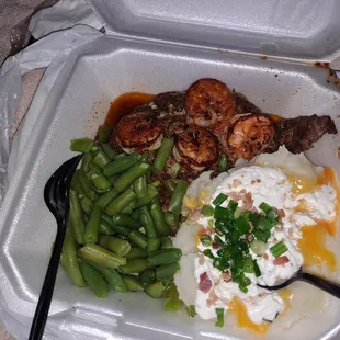 RibEye Steak Topped with Shrimp ,Loaded Mashed Potatoes and Green Beans