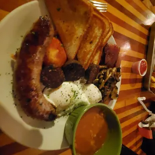 Full English breakfast with blood pudding and fried bread.