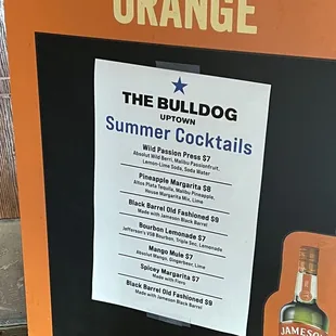 Summer Cocktails Menu