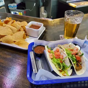 chicken tacos and chips/salsa.