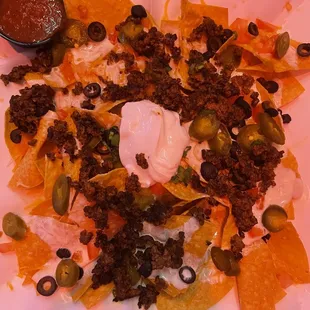 Beef nachos, great queso and salsa