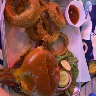 Bbq bacon burger &amp; cold onion rings.
