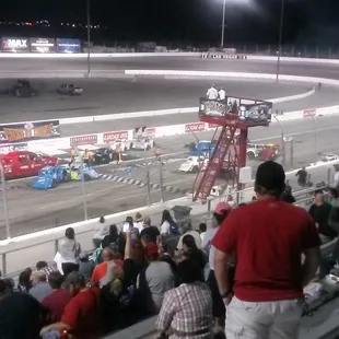 A big pile up with an over turned Legend car
