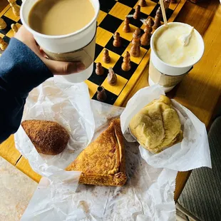 Fried Mac and cheese, chickpea puff pastry, chai latter, Vietnamese coffee