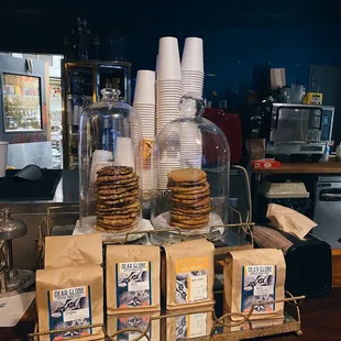 a display of coffee and cookies