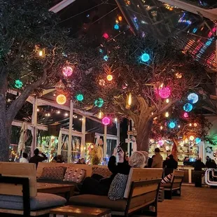 Outdoor seating with a clear tarp roof to keep the warmth in with pretty decorations