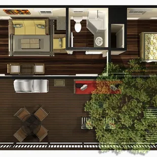 Floor plans include bedroom, bathroom, living room, kitchen and outdoor deck area.