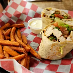 Chicken wrap with sweet potato fries