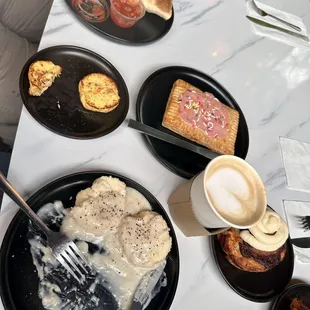 Biscuits &amp; Gravy, Egg Bites, Southwest Wrap, Strawberry Pop Tart, Giant Cinnamon Roll &amp; Lavender Latte