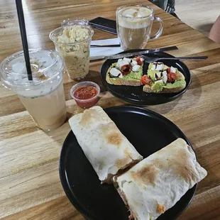 Bourbon coffee latte , avocado toast and burrito breakfast ohhh you have to get the Potato salad as well .