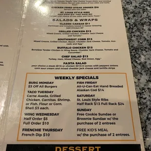 Entrees, daily specials and dessert!