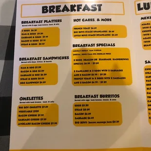 Breakfast menu